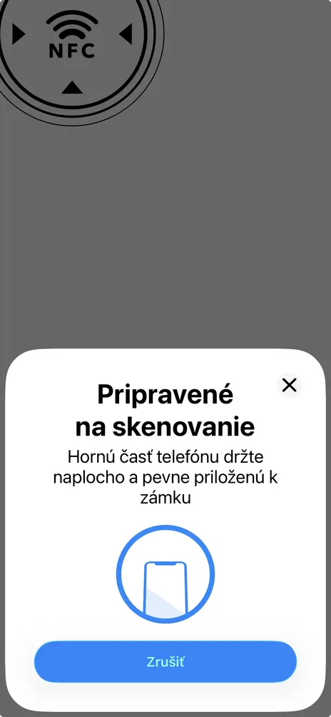 Obrazovka Pripravené na skenovanie s lokátorom NFC antény v aplikácii iLOQ